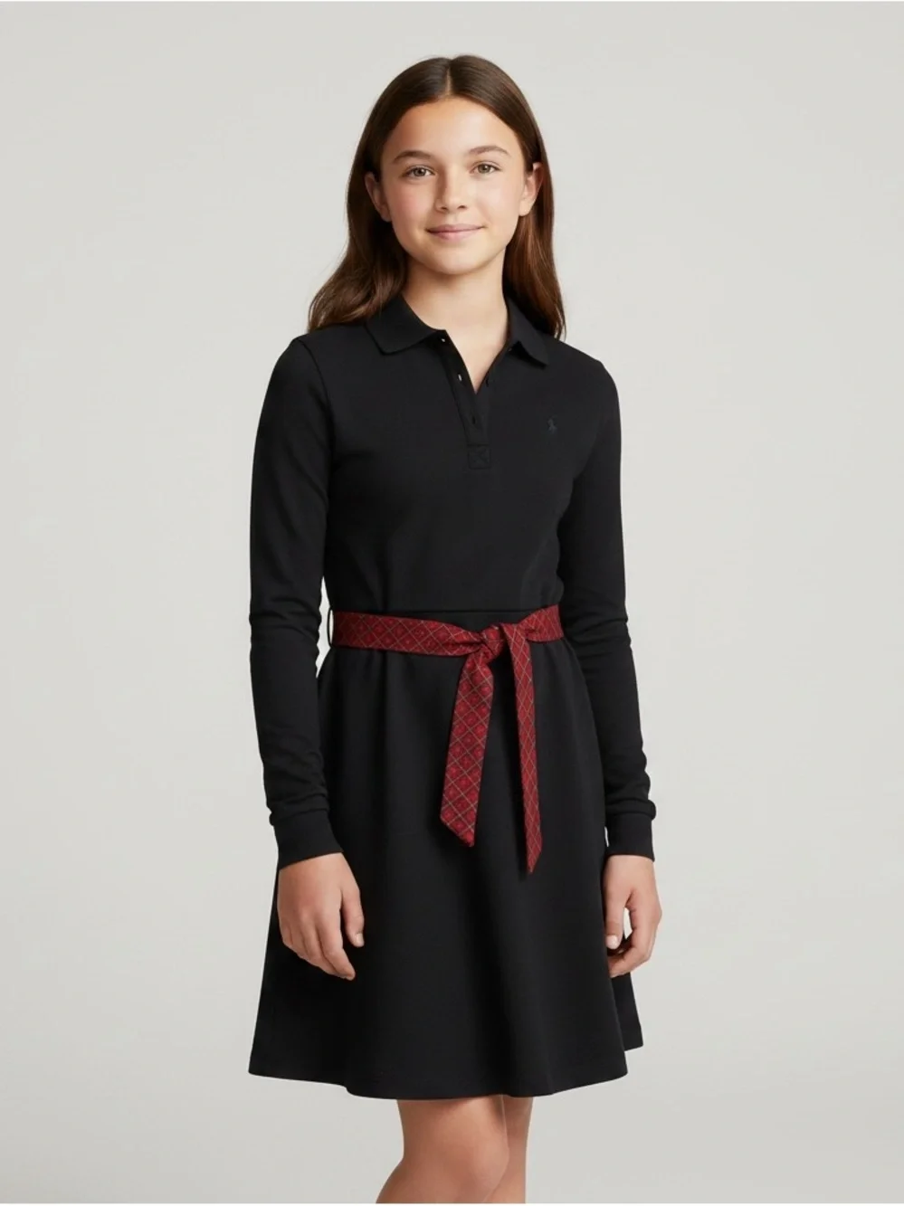 Ralph Lauren Black Long-Sleeve Polo Dress with Red Waist Tie NWT Size 12/14